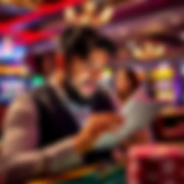 Illustration of an Australian player reviewing terms and conditions on a digital device with casino background