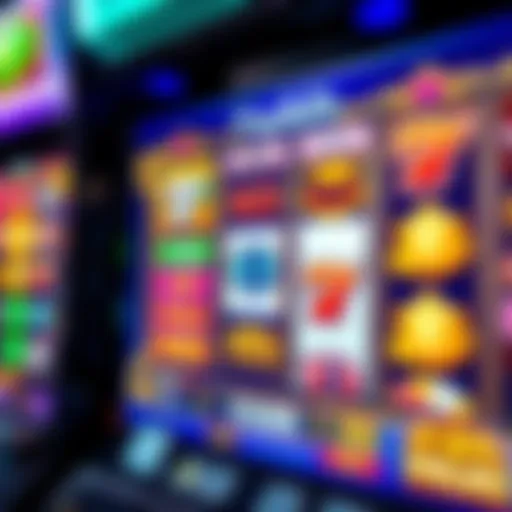 Colorful online slot machine interface with reels and various symbols on a digital screen