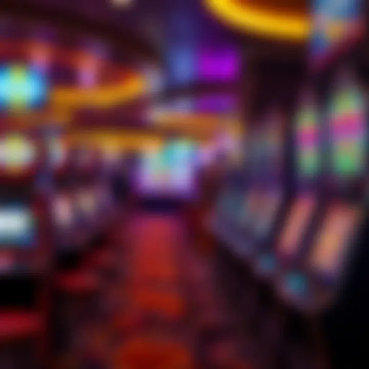 Casino floor with rows of electronic pokies machines illuminated with colorful lights
