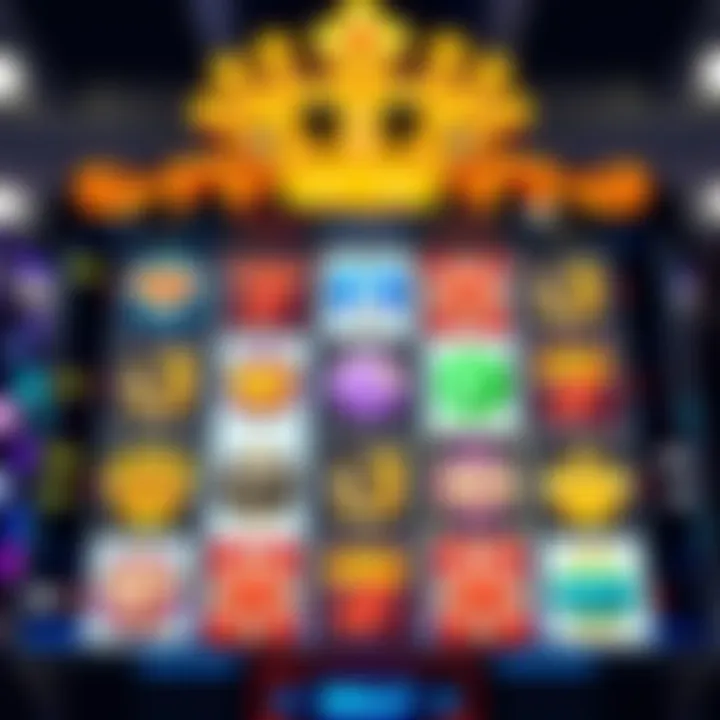 Colorful slot machine reels displaying various royal-themed symbols with bright lights in the background