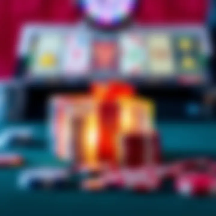 Graphic of a casino chip stack next to a glowing gift box symbolizing free spins and bonus cash rewards