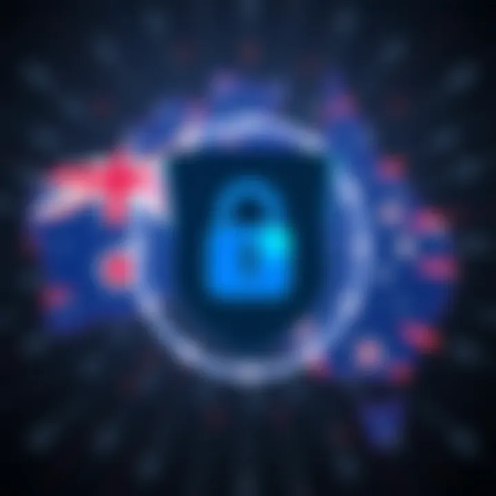 Secure login concept showcasing digital lock and shield symbol over Australian map background