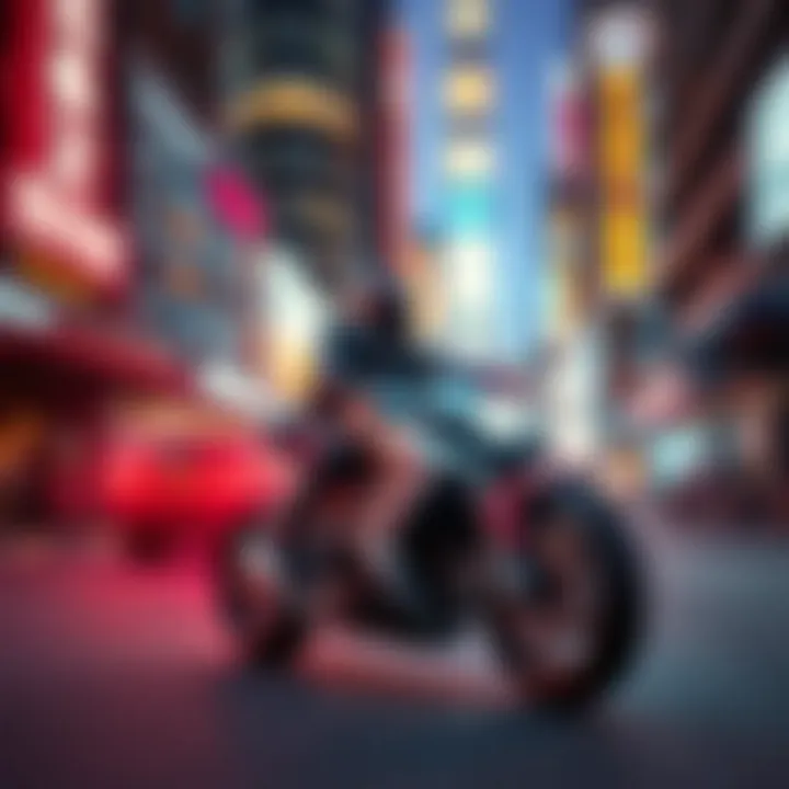 Close-up of a futuristic motorcycle racing at high speed through a neon-lit cityscape
