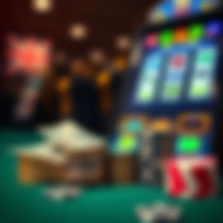 Stack of Australian dollars coins and poker chips next to a mobile device showing a pokies game