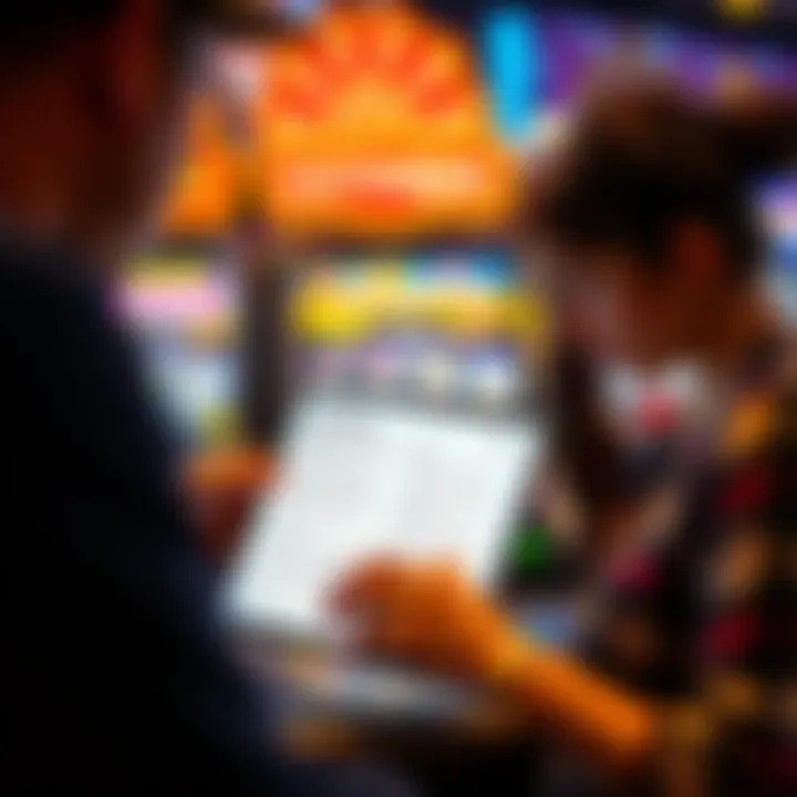 Reviewing Pokies Strategies for Responsible Play Close-up of a player examining tips and strategies on a tablet for playing pokies responsibly