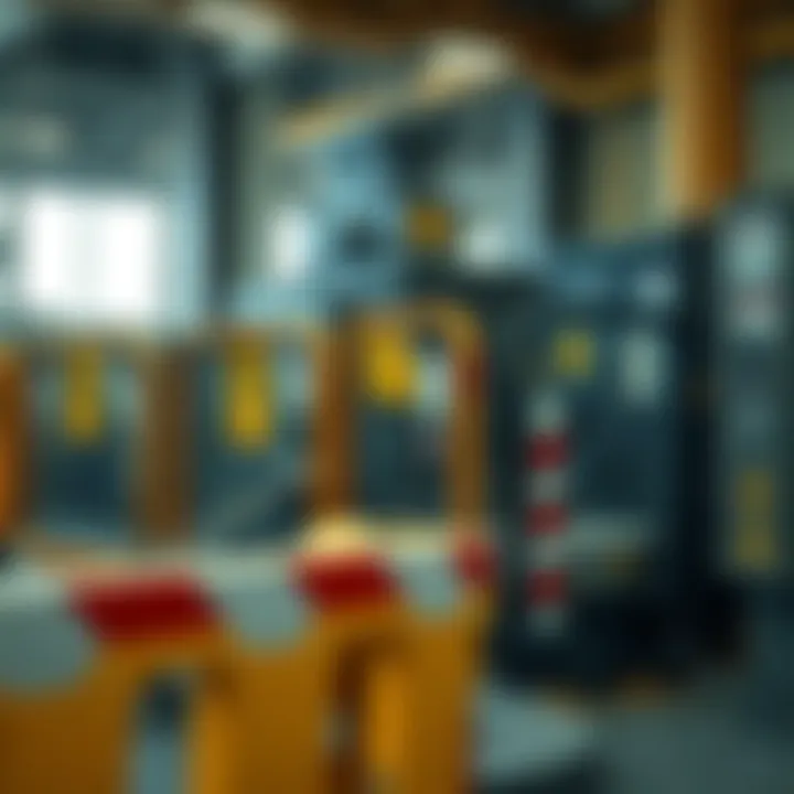 Industrial safety setup with protective barriers and signage near heavy machinery