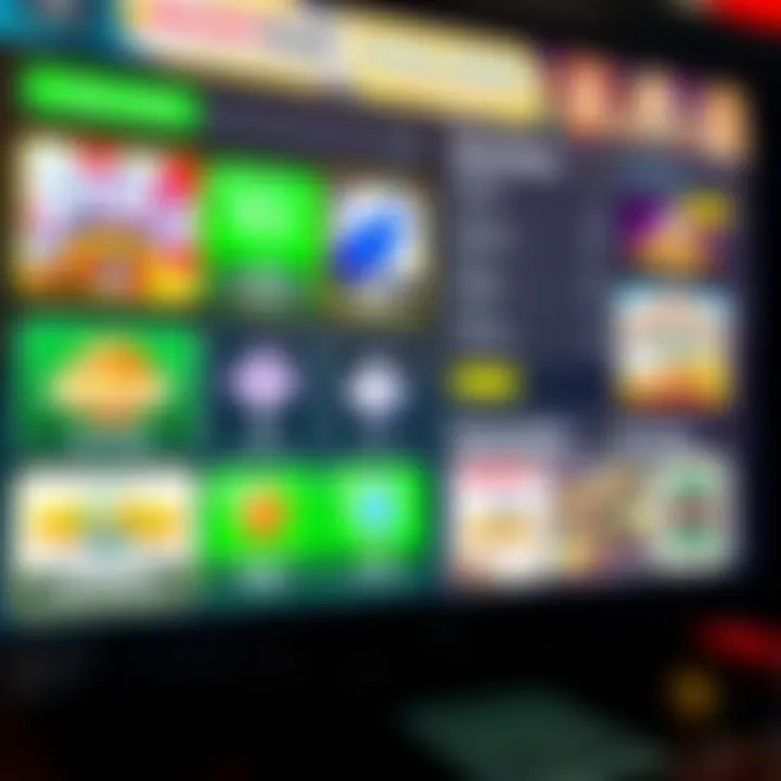 Display of gaming interface with various game icons and payment options visible