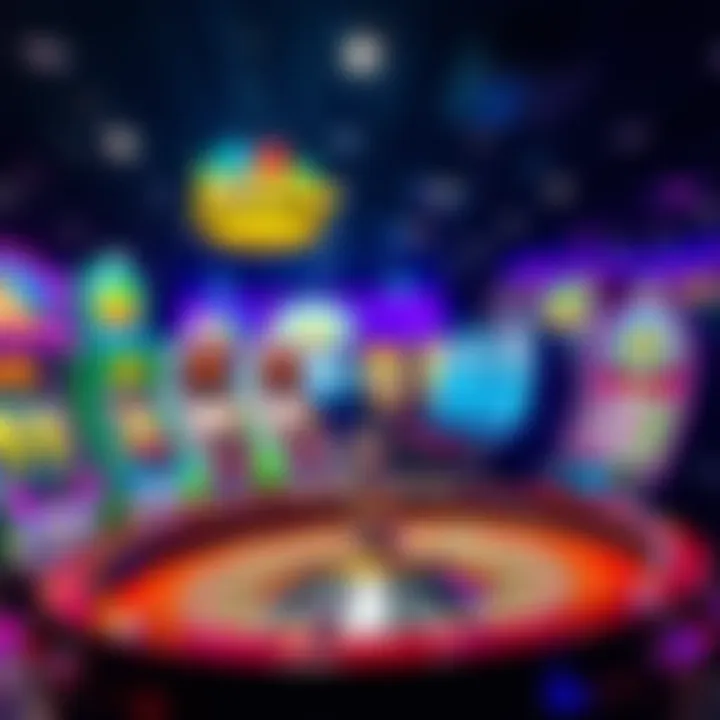 Colorful slot machines and roulette wheel representing diverse casino games at Jackpot Jill Casino