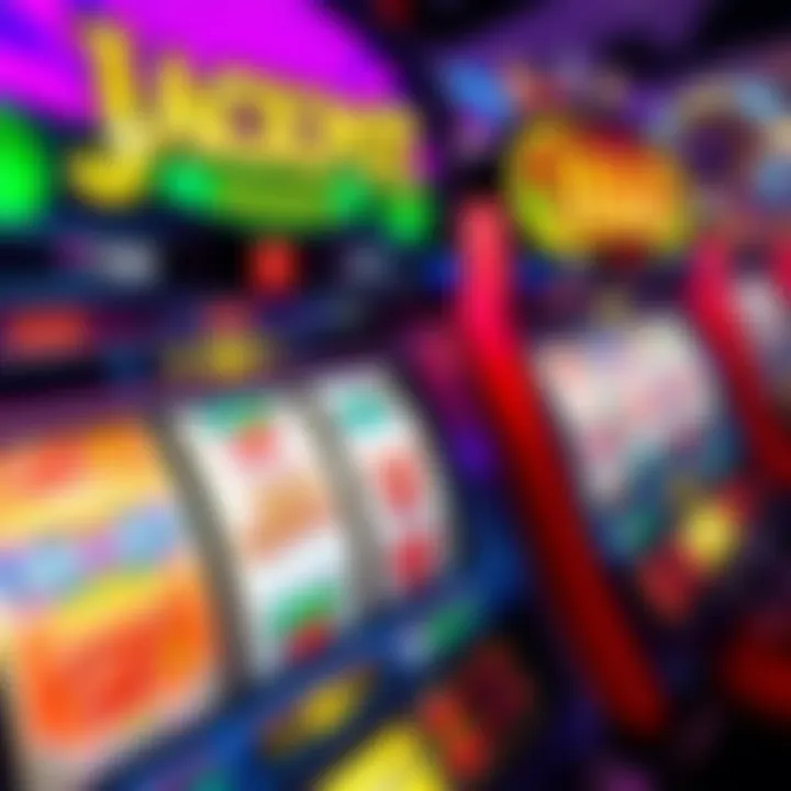 Colorful slot machine screen displaying Jackpot Jill game symbols with vibrant reels in motion