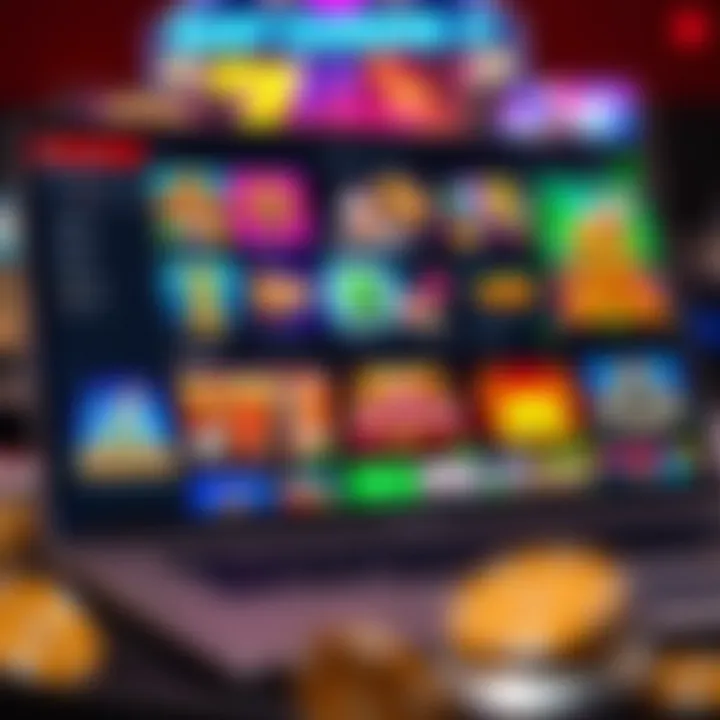 Digital representation of diverse casino games and payment methods on a laptop screen