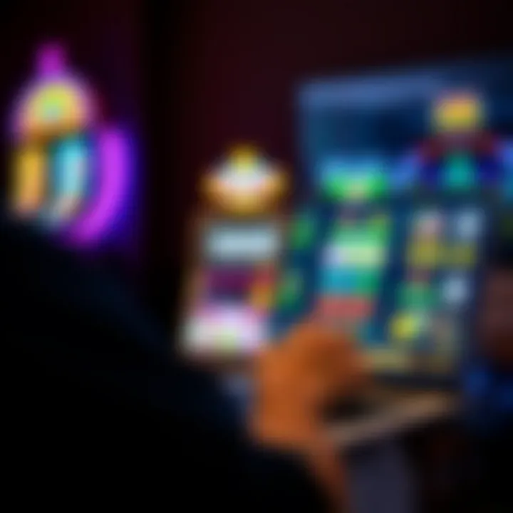Person playing pokies on a laptop at home with colorful game interface on screen