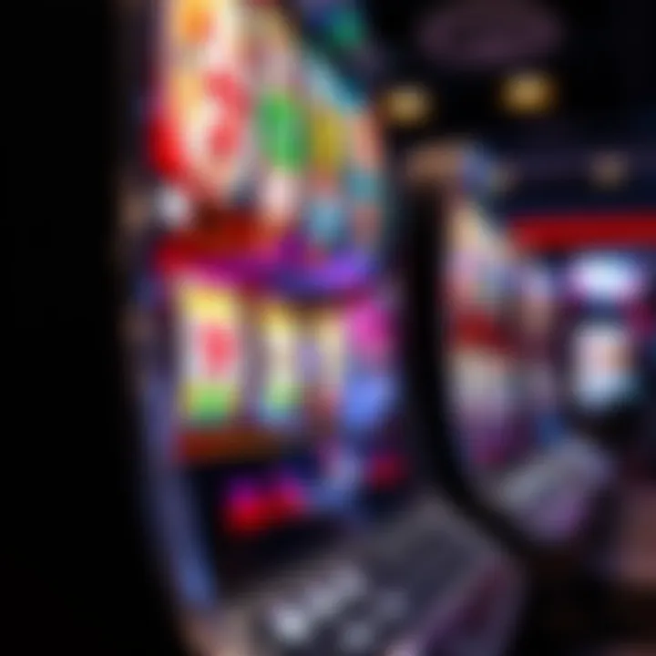 Close-up view of a modern electronic slot machine with spinning reels and colorful symbols