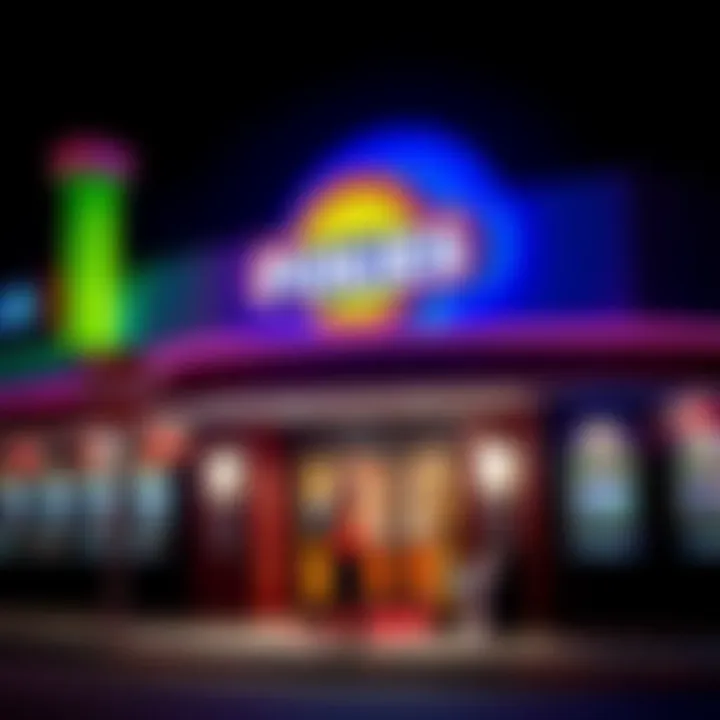 Pokies venue exterior showcasing a bright entrance with illuminated signs reflecting evening lights
