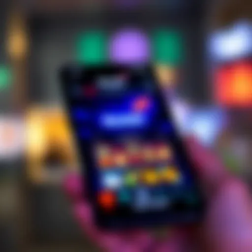 Mobile phone displaying a vibrant online casino game interface on a dark-themed app screen