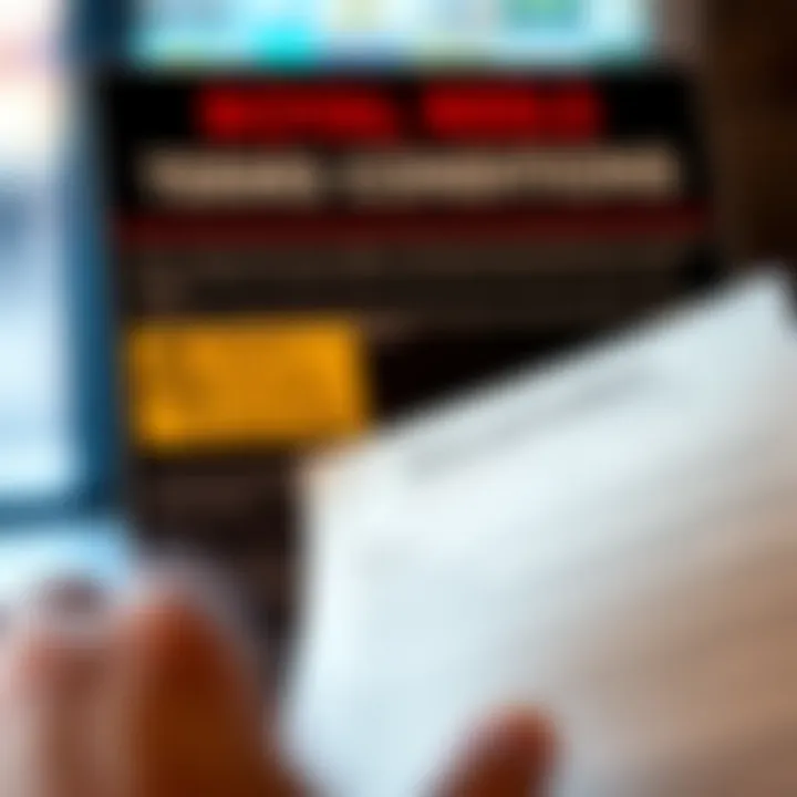 Terms and Conditions Overview for Royal Reels Bonus Offers Graphic displaying terms and conditions document with caution highlights for online casino bonuses