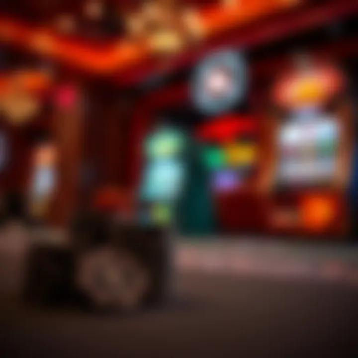 Casino chips stacked on a poker table next to a glowing slot machine in a dimly lit gaming room