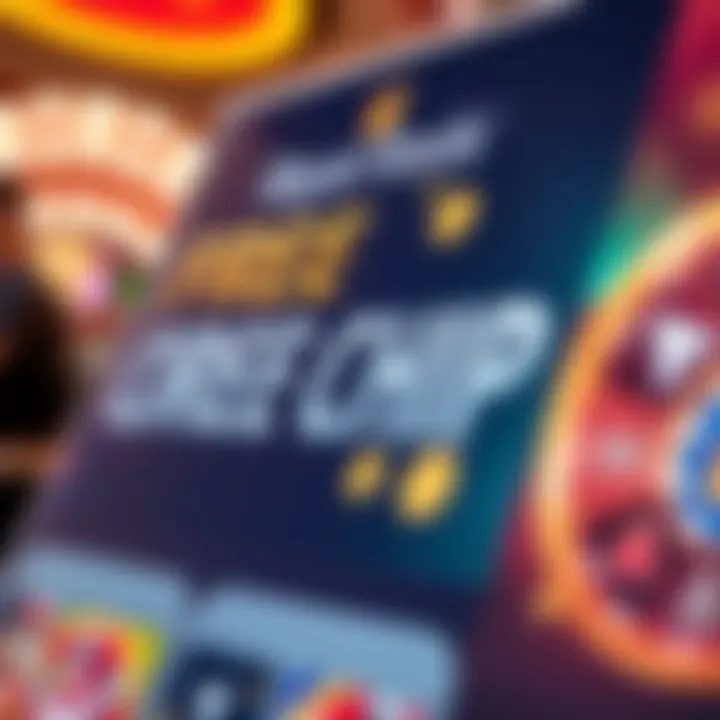 Close-up of a promotional banner displaying free chip offers with casino-themed icons