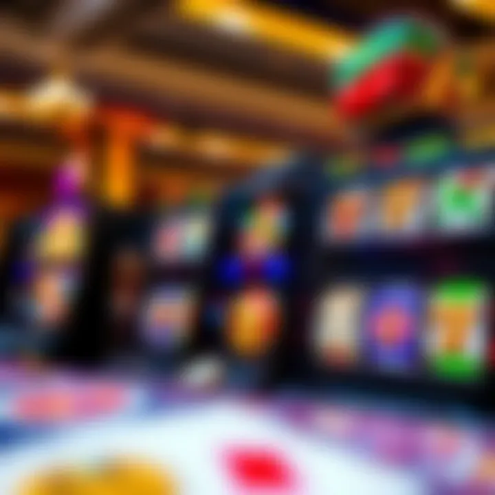 Colorful slot machine reels displaying various symbols with a casino background
