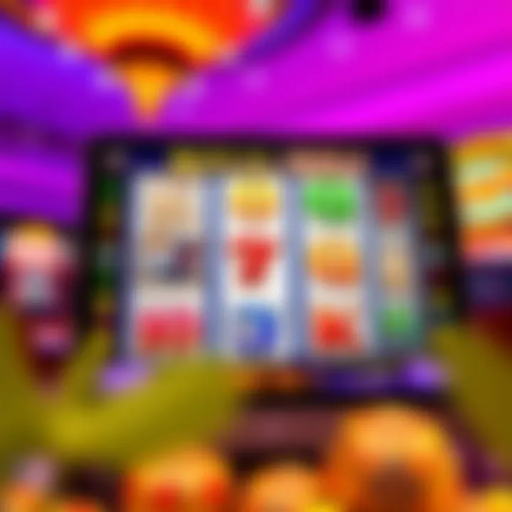 Colorful online slot game screen showing reels with various symbols and a vibrant background