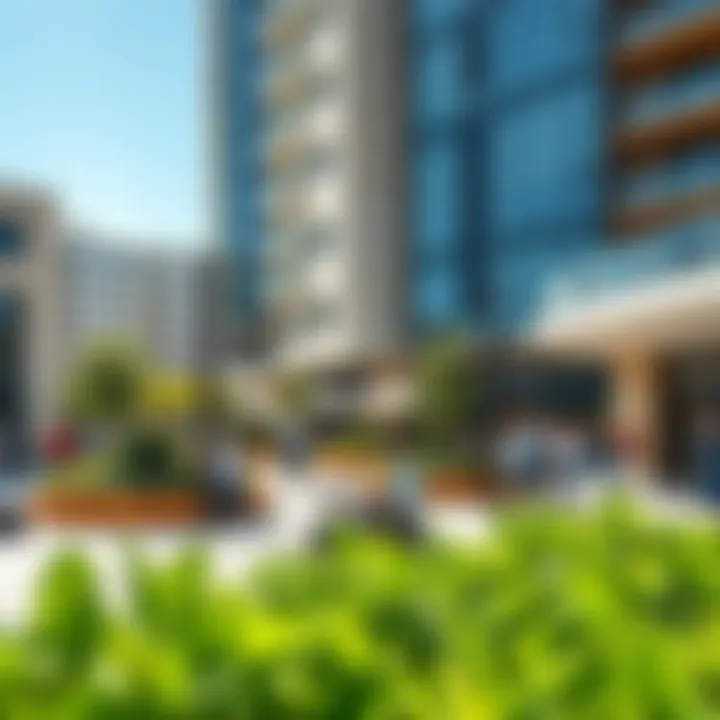 Vibrant public plaza with greenery and seating areas at SkyCrown Nicosia fostering community interaction
