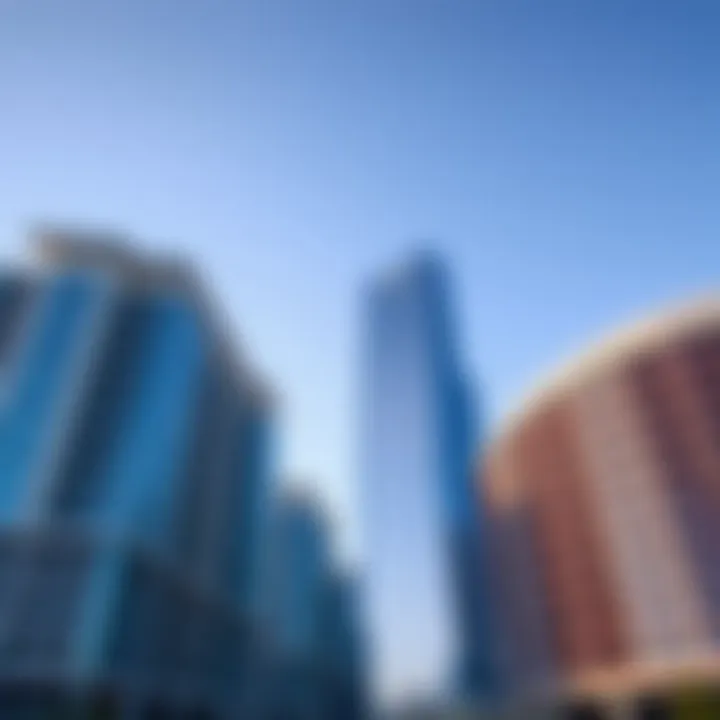 Modern high-rise buildings of SkyCrown Nicosia showcasing sleek architectural design under blue sky