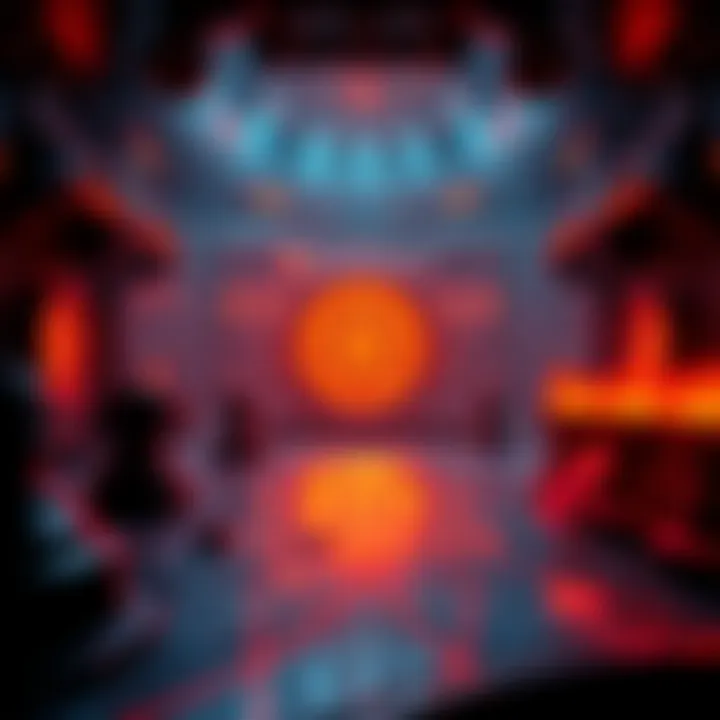 Hellspin 13: Immersive Game Environment Dark futuristic game environment with fiery elements and glowing obstacles