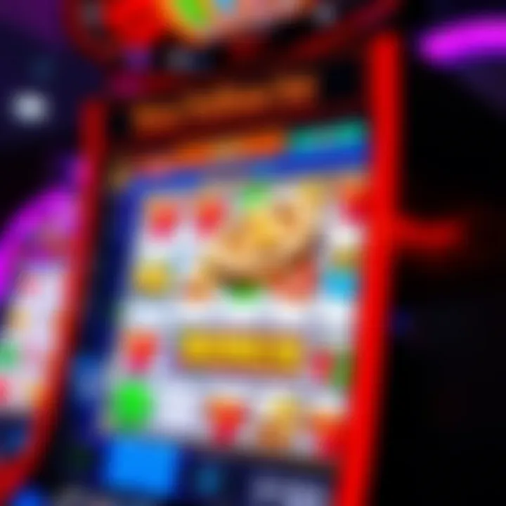 A vibrant slot machine screen displaying various colorful symbols and a bonus notification