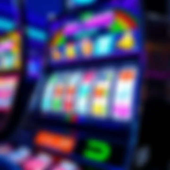Colorful slot machine screen with various symbols spinning during a game session
