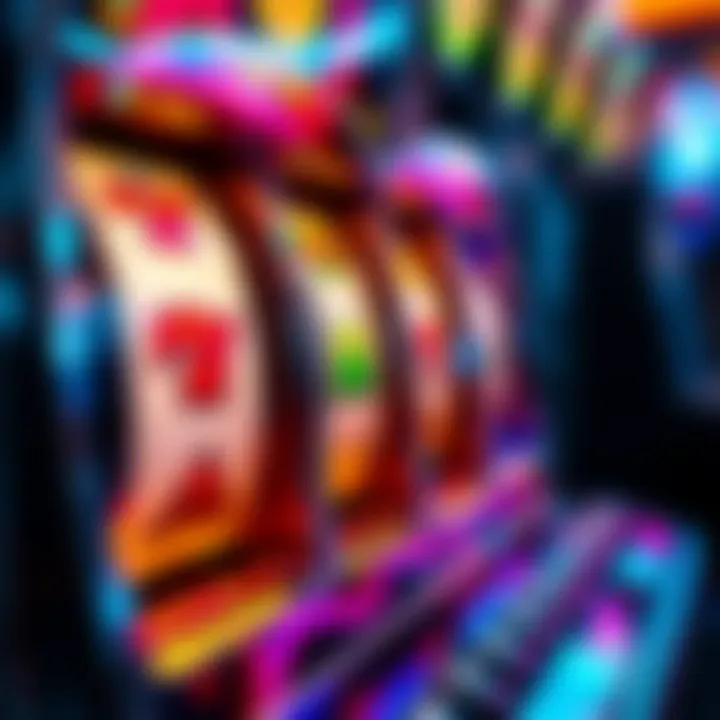 Colorful Spinning Reels on a Pokies Machine Close-up view of colorful spinning reels on a pokies machine with various symbols