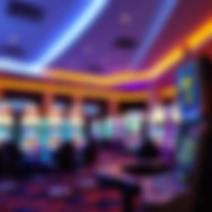 Modern gaming venue featuring several live pokies terminals illuminated with colorful lights