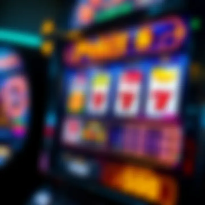 Close-up of a slot machine screen displaying various symbols and a payout table