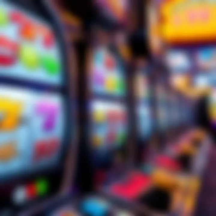 Close-up of a colorful slot machine reel displaying various symbols in a casino setting