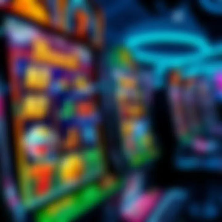 Colorful slot machine interface displaying various symbols and bonus features in an online casino setting
