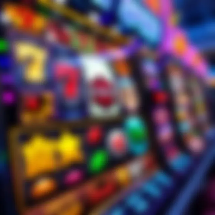 Colorful virtual slot machine reels displaying various themed symbols with vibrant graphics